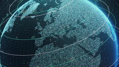 Animated digital grid and lines over spinning 3D big data Earth Stock Footage 245140159