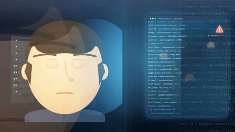 Animated digital human avatar with scrolling computer code overlay representing Stock Footage 341834310