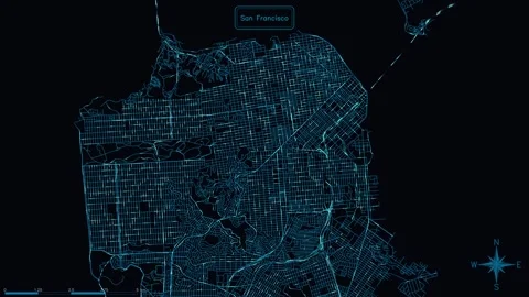 Animated digital map of San Francisco displaying luminous streets with flowing Stock Footage 345375726