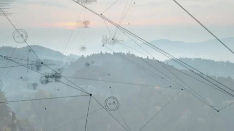 Animated digital network overlaying misty mountain ridges, showing lines, nodes Stock Footage 308025168