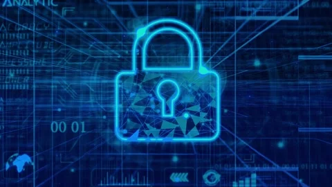 Animated digital padlock on a blue binary code background. Symbolizing cybe.. Stock Footage 259769044