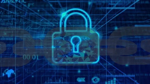 Animated digital padlock on a blue binary code background. Symbolizing cybe.. Stock Footage 259769058