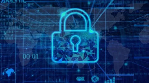 Animated digital padlock on a blue binary code background. Symbolizing cybe.. Stock Footage 259769130