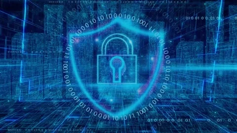 Animated digital padlock on a blue binary code background. Symbolizing cybe.. Stock Footage 259769172