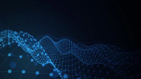 Animated digital wireframe grid undulates with glowing blue dots Vidéo 340831234
