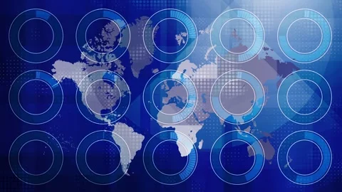 Animated digital world map with futuristic blue circular progress bars showing Stock Footage 319539161