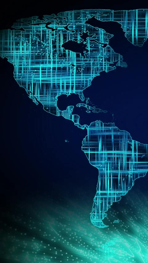 Animated digital world map with glowing connections and grid overlays, perf.. Stock Footage 308818557