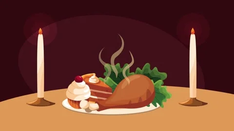 Animated dinner table with roast chicken slice of pie and cupcake lit by ca.. Stock Footage 339067004