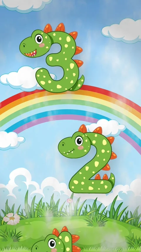 Animated Dinosaur Numbers Falling Over Rainbow and Blue Sky Background Stock Footage 342318775