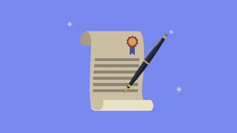 Animated diploma scroll with quill pen and red seal motion graphics. Stock Footage 334268500