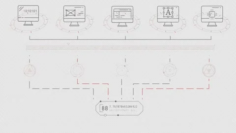 Animated display depicting computer systems managing advanced data flows Stock Footage 325217094