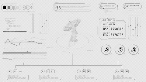 Animated display with infographic elements and satellite dish antenna Stock Footage 315539708