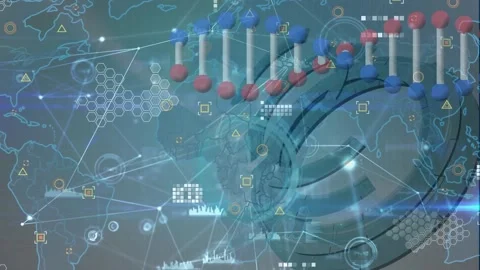 Animated DNA chain rotates over shapes and faces, symbolizing global digital Stock Footage 329774994
