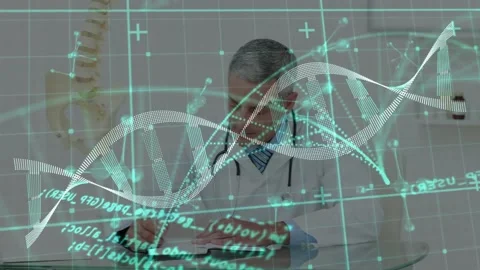 Animated DNA helix and code appearing over desk guiding doctor writing medical Stock Footage 319853431