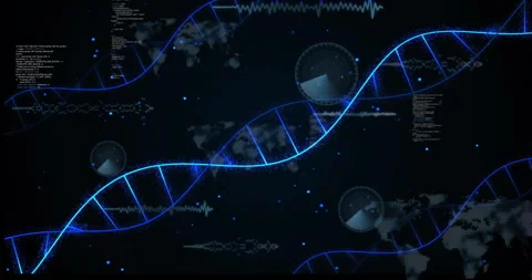 Animated DNA helixes emerging from dark waving over map while code sliding, HUD Stock Footage 312083084