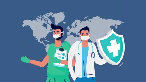 Animated doctors wearing face masks with world map background and protectio.. Stock-Footage 339066309