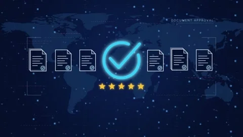 Animated document approval with glowing blue check mark, verified file icons Stock Footage 346947872