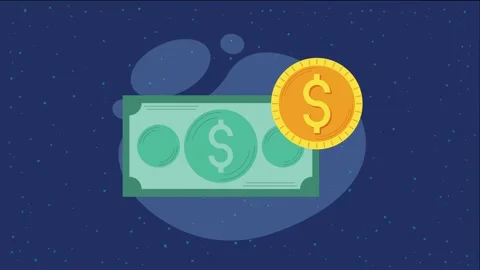 Animated dollar bill and gold coin floating over dark blue space background.. Stock Footage 338318401