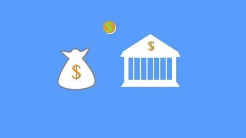 Animated dollar coins moving between money bag and bank building showcasing.. Stock-Footage 339985502