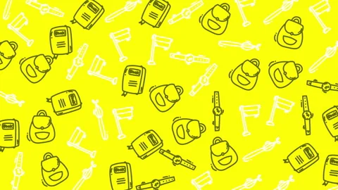 Animated Doodle Backpack Flag Watch Pattern Motion Graphics Yellow Background Video stock 343323673