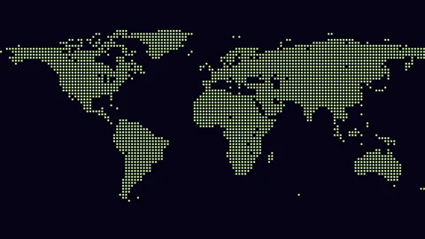 Animated dotted world map background with glowing points on dark blue screen Stockbeeldmateriaal 332107690