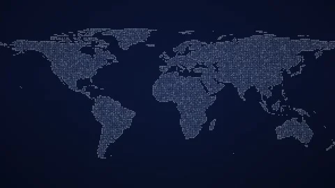Animated dotted world map with blinking pixel dots on navy background Stock Footage 346952640