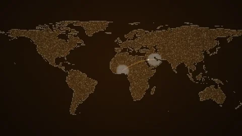 Animated dotted world map with glowing amber connection arcs linking continents Stock Footage 346948958