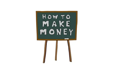 Animated drawing of man working on laptop with money floating around Stock Footage 96932096