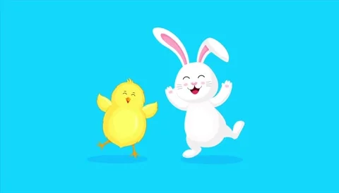 Animated drawing of a rabbit and a chick dancing together against Stock Footage 336979011
