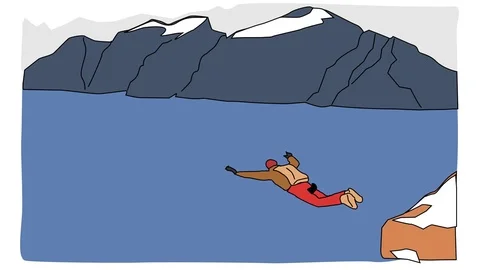 Animated drawing of sky diver jumping from rocky mountain cliff Stock Footage 96931352