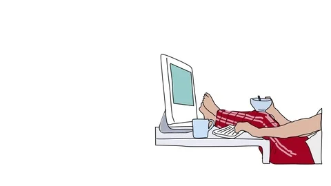 Animated drawing of work from home on computer with feet up eating in pajamas Stock Footage 96933152