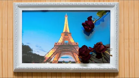 Animated dried roses on the Eiffel Tower photo in white frame. Stock Footage 113861414