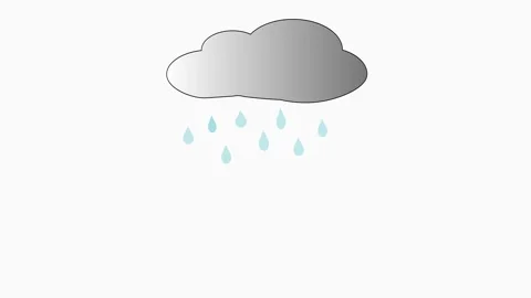Animated drops of rain from dark gray cloud isolated on white background. S.. Stock Footage 308095392