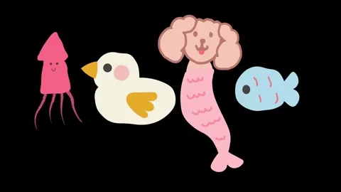 Animated duck, squid, fish, and dog mermaid in a fun summer ocean theme Stock Footage 312664383