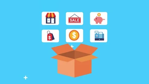 Animated e-commerce icons floating above an open cardboard box representing.. Stock Footage 339269303