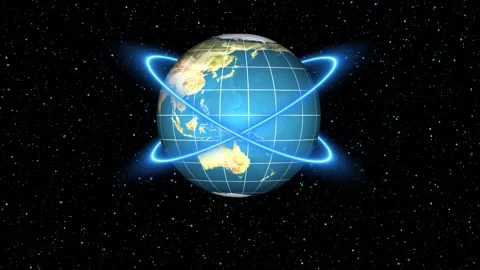 Animated earth globe intersecting blue neon orbit lines starry space planet.. Stock Footage 317977853