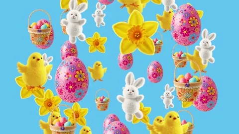 Animated Easter chicks, bunnies, daffodils, eggs, and basket on blue background 스톡 동영상 301460638