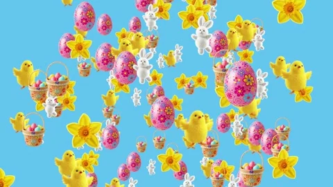 Animated Easter chicks, bunnies, daffodils, eggs, and basket on blue background 스톡 동영상 301460647