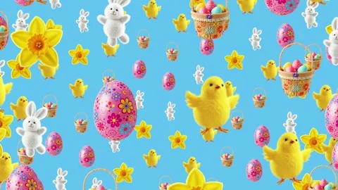 Animated Easter chicks, bunnies, daffodils, eggs, and basket on blue background 스톡 동영상 301460668