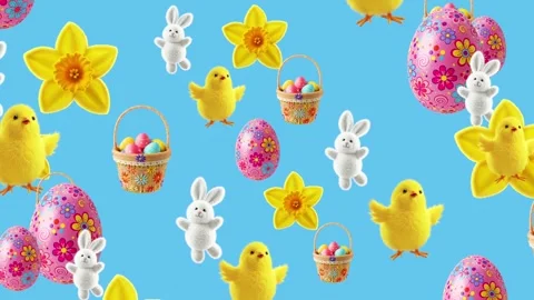 Animated Easter chicks, bunnies, daffodils, eggs, and basket on blue background 스톡 동영상 301460697