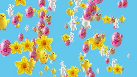 Animated Easter chicks, bunnies, daffodils, eggs, and basket on blue background 스톡 동영상 301460698