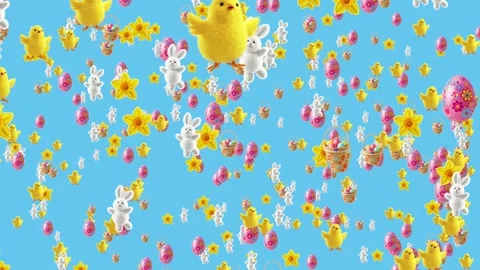 Animated Easter chicks, bunnies, daffodils, eggs, and basket on blue background 스톡 동영상 301461090