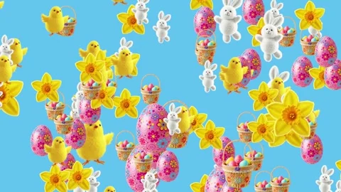 Animated Easter chicks, bunnies, daffodils, eggs, and basket on blue background 스톡 동영상 301461218