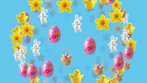 Animated Easter chicks, bunnies, daffodils, eggs, and basket on blue background 스톡 동영상 301461220