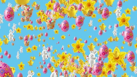 Animated Easter chicks, bunnies, daffodils, eggs, and basket on blue background 스톡 동영상 301461224