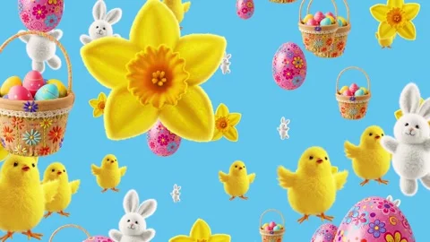 Animated Easter chicks, bunnies, daffodils, eggs, and basket on blue background 스톡 동영상 301461266