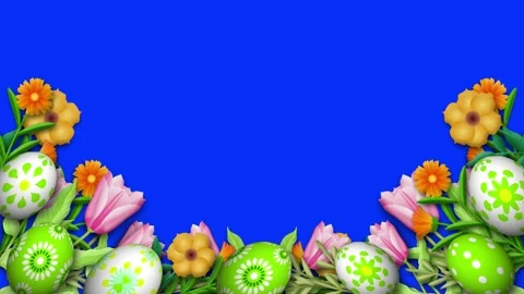 Animated easter eggs and flowers on blue cut out screen Stock Footage 306078064