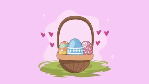 Animated easter eggs basket with colorful patterns and floating pink hearts.. Stock Footage 333293120