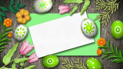 Animated easter eggs, colorful flowers and copy space paper on old wooden p.. Stockillustratie
