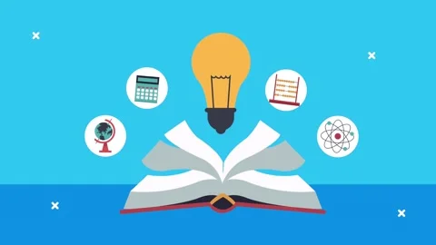 Animated education concept featuring open book with lightbulb and academic .. Stock Footage 339059634